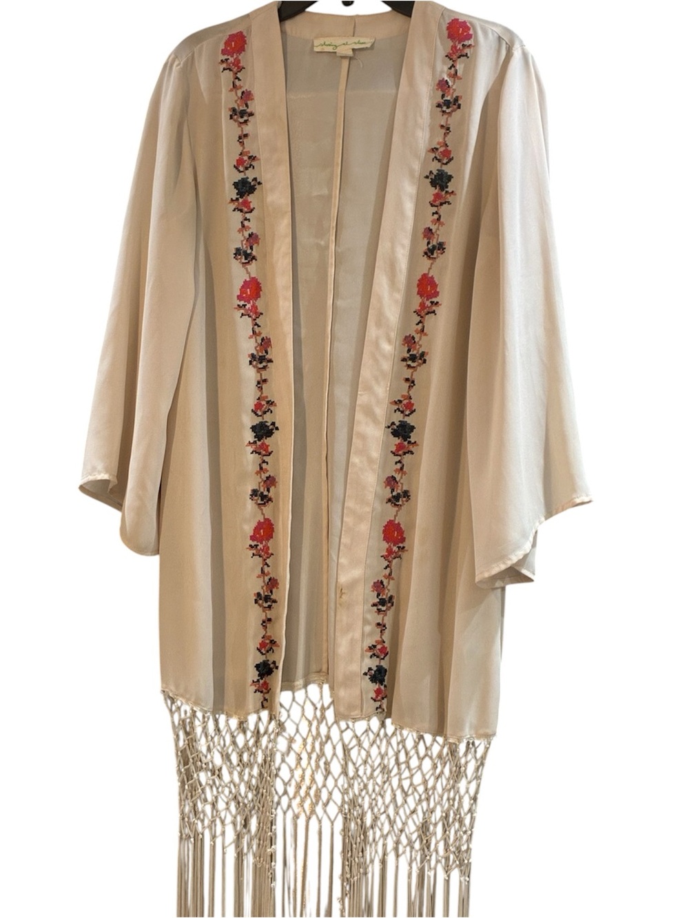 Urban Outfitters Ivory Embroidered Boho Fringe Kimono w/ Floral Trim NWOT Sz. S
